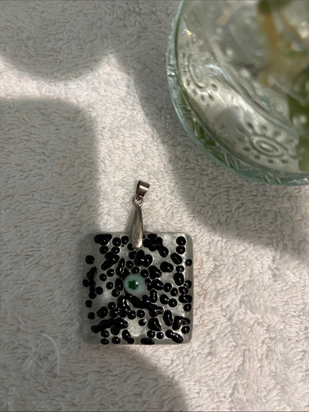 Glass Square Pendant Necklace with Black Speckle and Green Accent